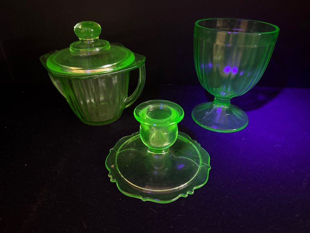 Green Uranium Glass Dish, Candlestick, and Goblet