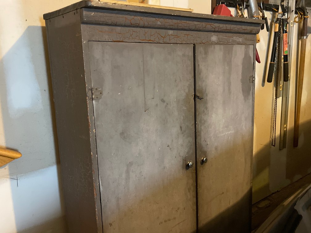 Painted Two-Door Wood Cabinet with Workshop Supplies