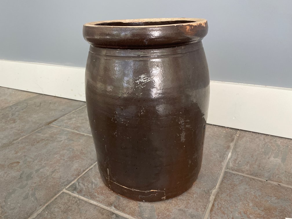Dark Brown Glazed Stoneware Crock with Molded Rim