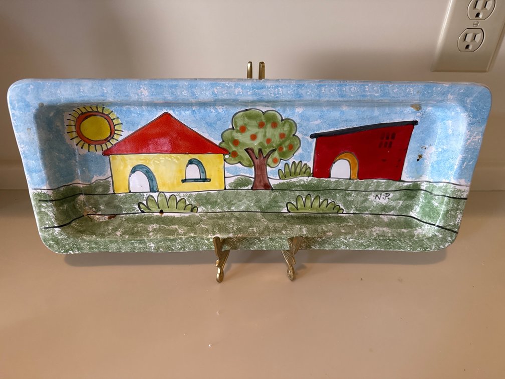 Hand-Painted Italian Ceramic Tray with Display Stand