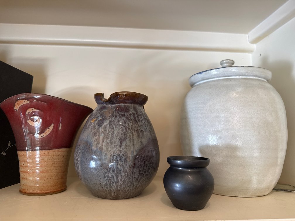 Studio Pottery Lidded Crock, Pitchers, and Pot