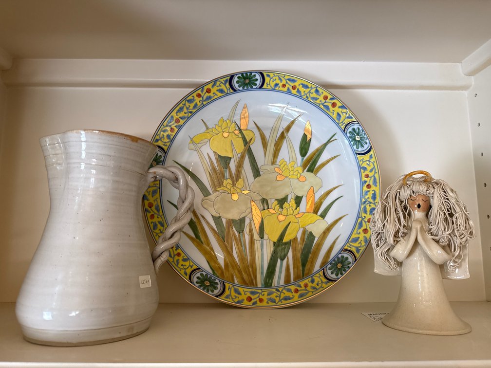 Ceramic Pitcher, Floral Plate, and Angel Figurine
