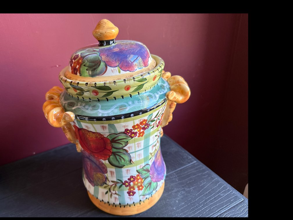 Hand-Painted Ceramic Lidded Urn with Scrolled Handles