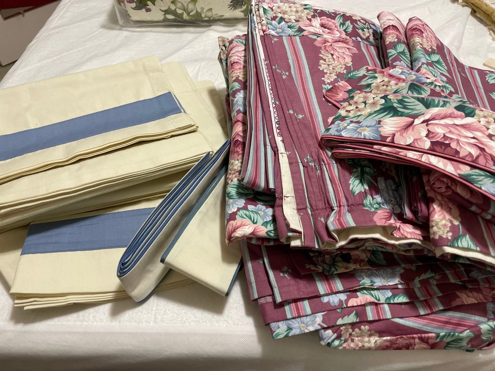 Floral Striped Drapery Panels, Cream Drapes, and Tiebacks