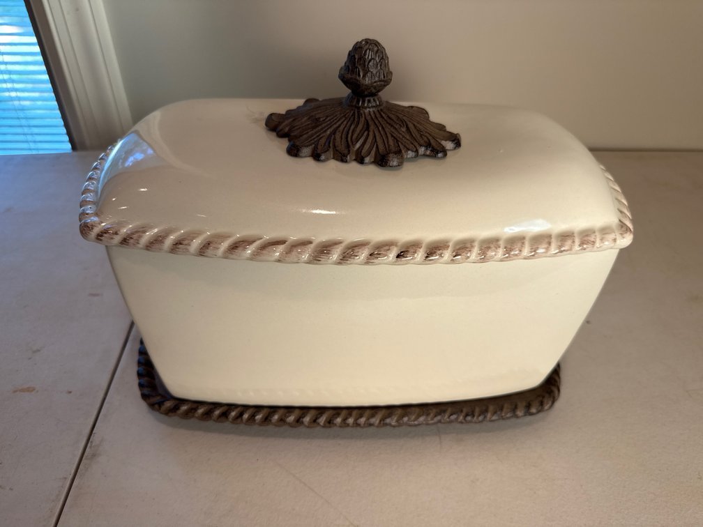 Glazed Ceramic Bread Box with Lid and Tray Base