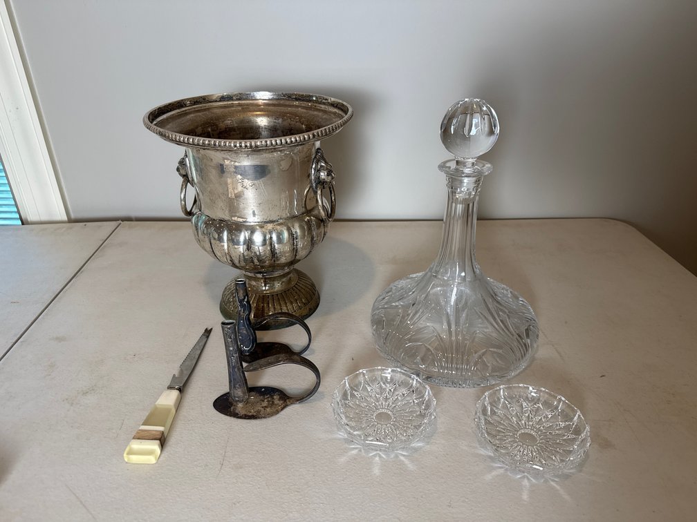Silver-Tone Wine Cooler, Cut Glass Decanter, and Barware