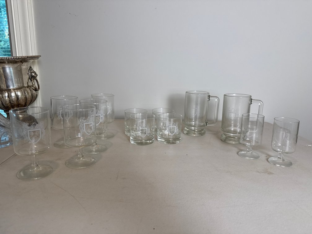Etched Glass Drinkware with "Cherry" Coat of Arms