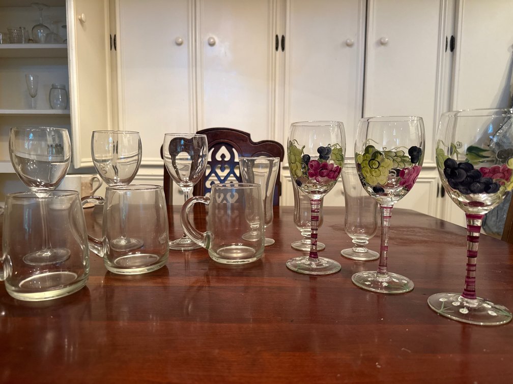 Hand-Painted Wine Glasses, Footed Tumblers, and Glass Mugs