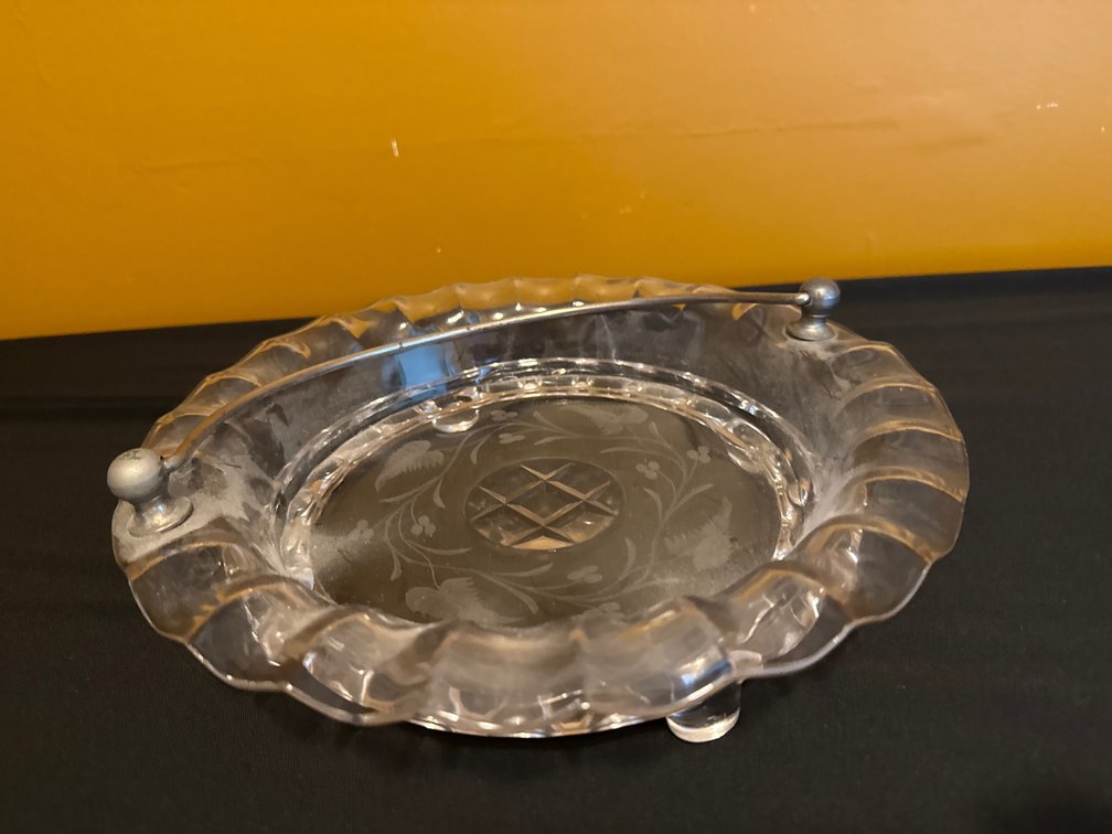 Etched Glass Footed Dish with Metal Swing Handle