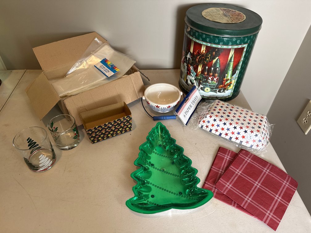 Holiday Tin, Glassware, Serving Tray, and Entertaining Supplies