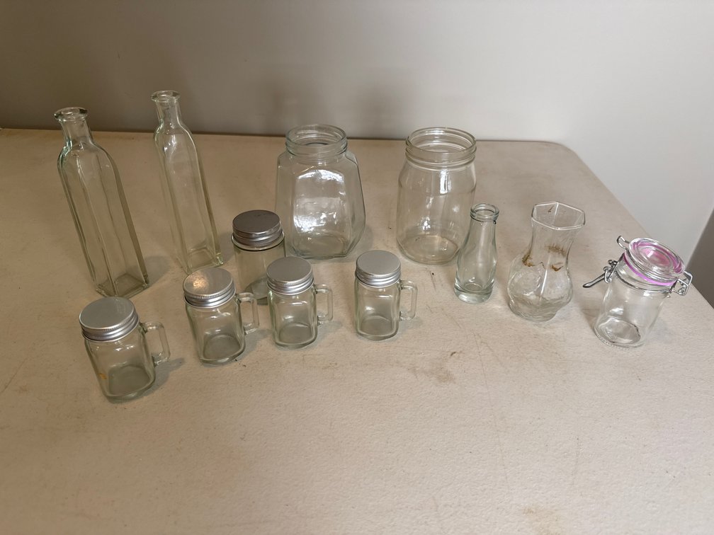 Clear Glass Bottles, Storage Jars, and Bud Vase