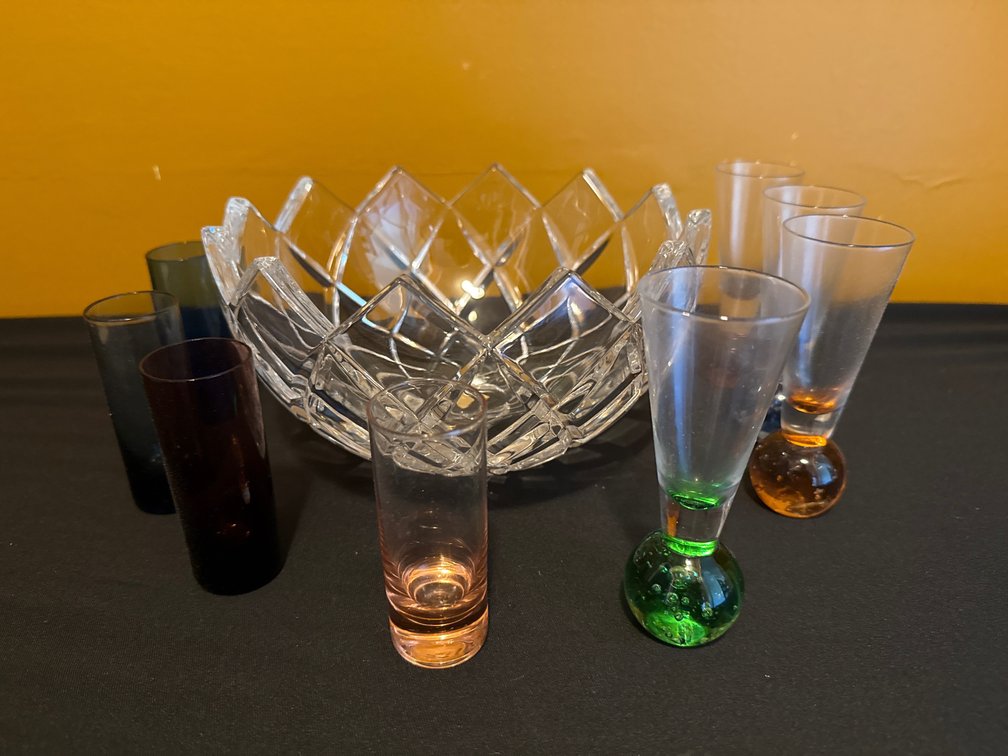Cut Crystal Bowl, Cordial Glasses, and Shot Glasses
