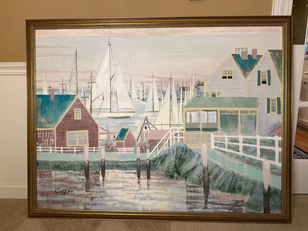 Framed Coastal Harbor Scene Painting
