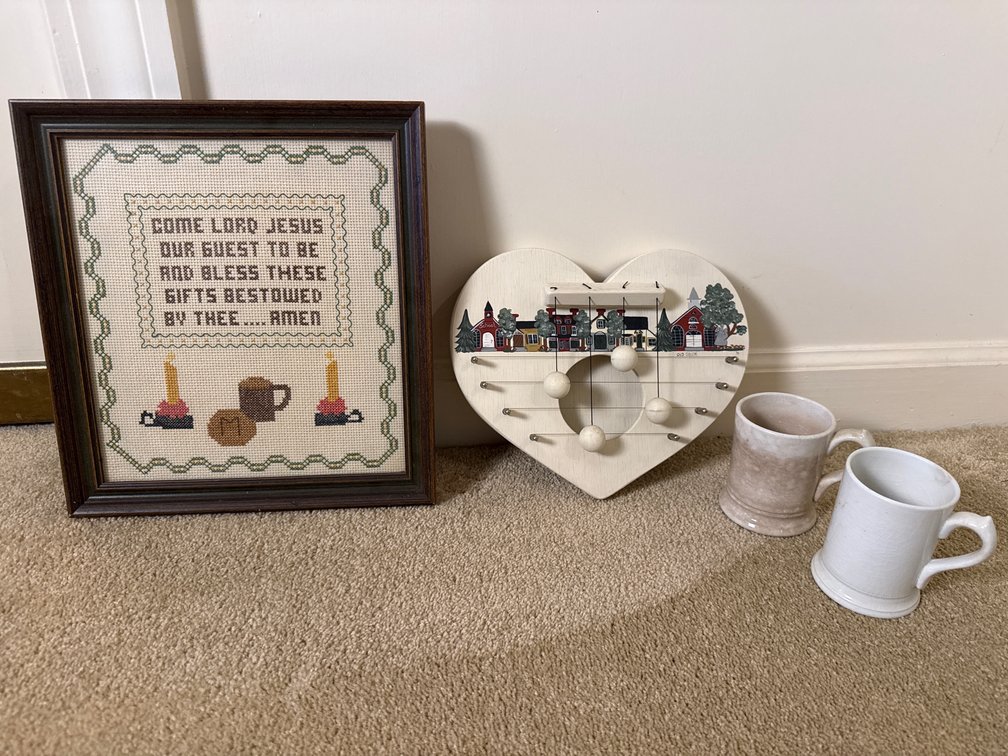 Framed Cross-Stitch , Wooden Door Harp, and Ceramic Mugs