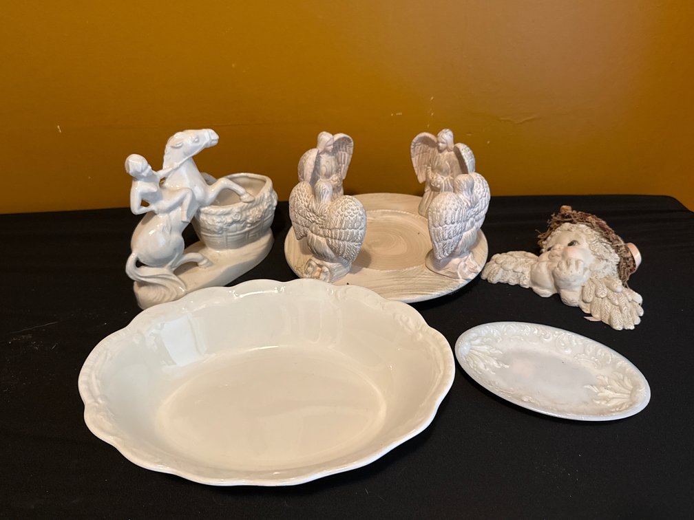 Ceramic Serving Dishes, Angel Centerpiece, and Figurines