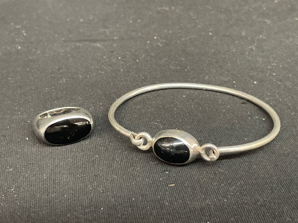 Sterling Silver and Black Stone Ring and Bangle Bracelet