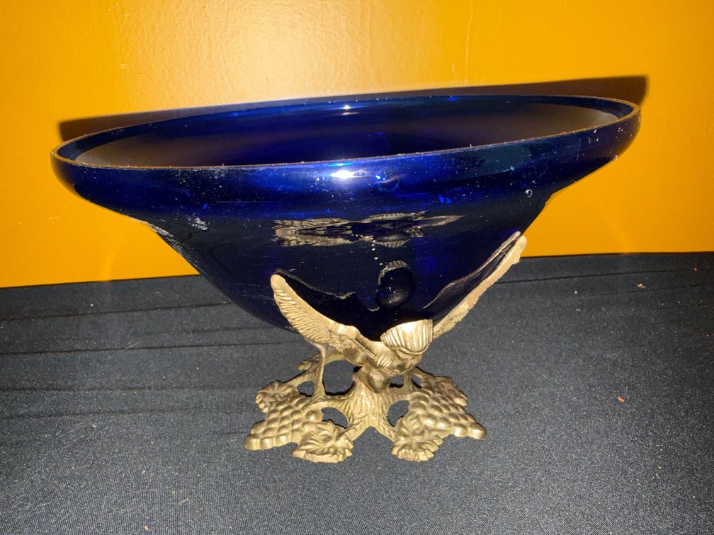 Cobalt Blue Glass Compote on Cast Metal Cherub Stand