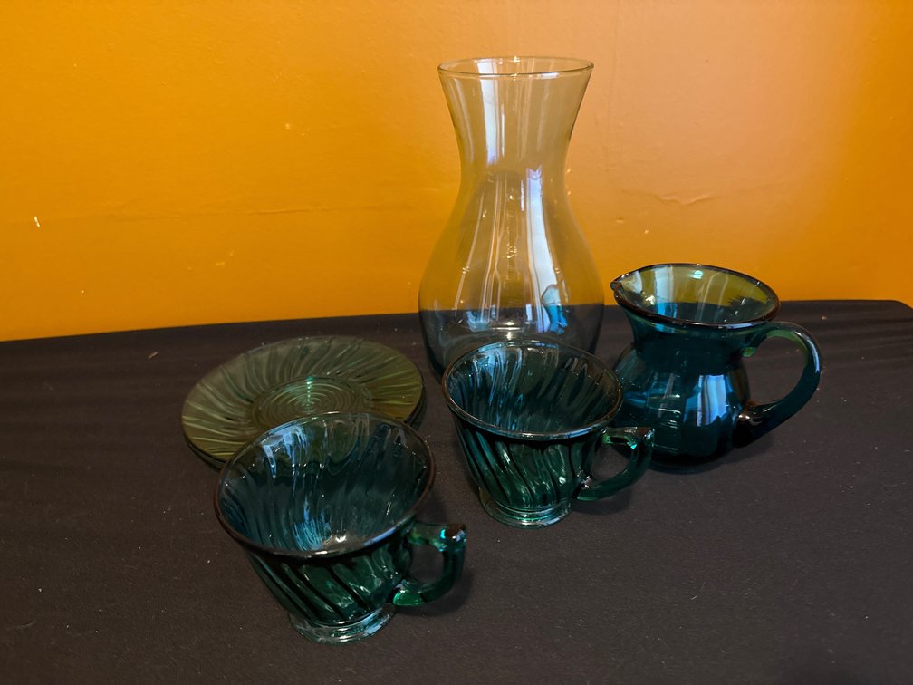 Green Glass Carafe, Creamer, Cups, and Saucers