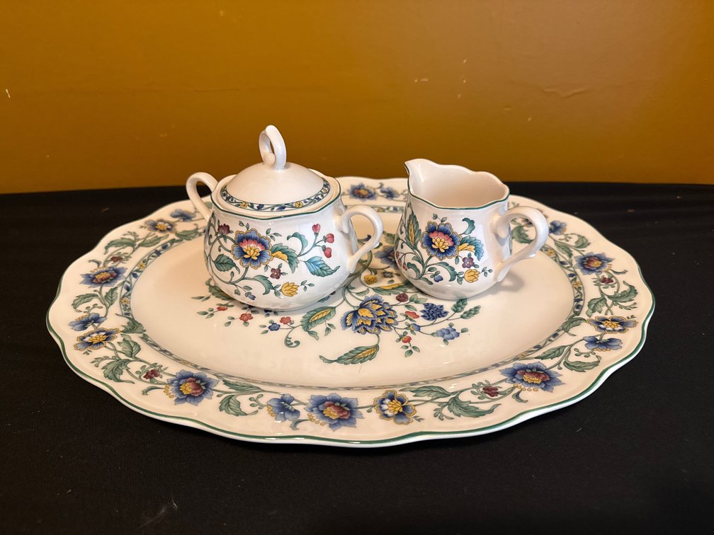 Nikko Oriental Garden Creamer, Covered Sugar Bowl, and Tray