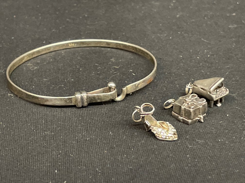 Sterling Silver Hook Bangle Bracelet and Three Charms