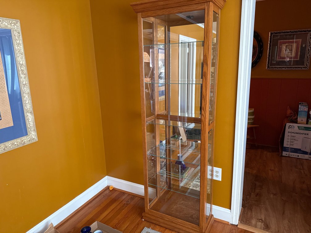 Lighted Oak Curio Cabinet with Mirrored Back