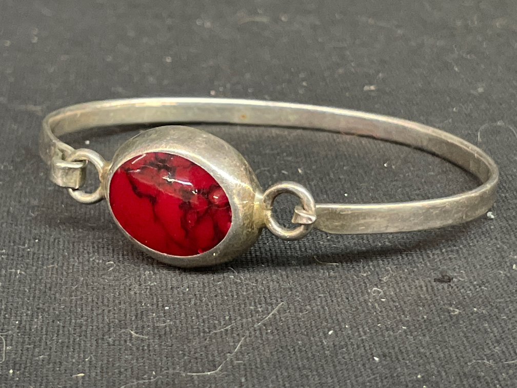 Silver Bangle Bracelets with Red Cabochon Stones