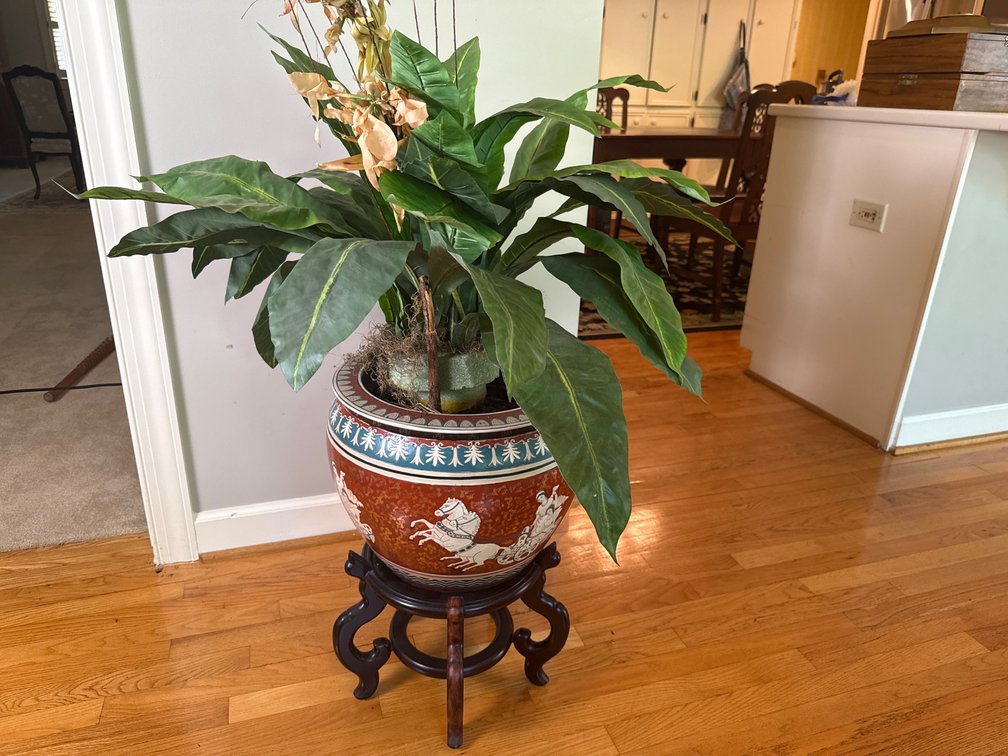 Ceramic Fishbowl Planter on Carved Wood Stand
