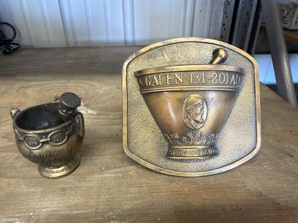 Cast Metal Pharmacy Plaque and Fraternity Mortar and Pestle