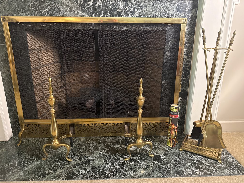 Brass Fireplace Screen, Andirons, and Hearth Tool Set