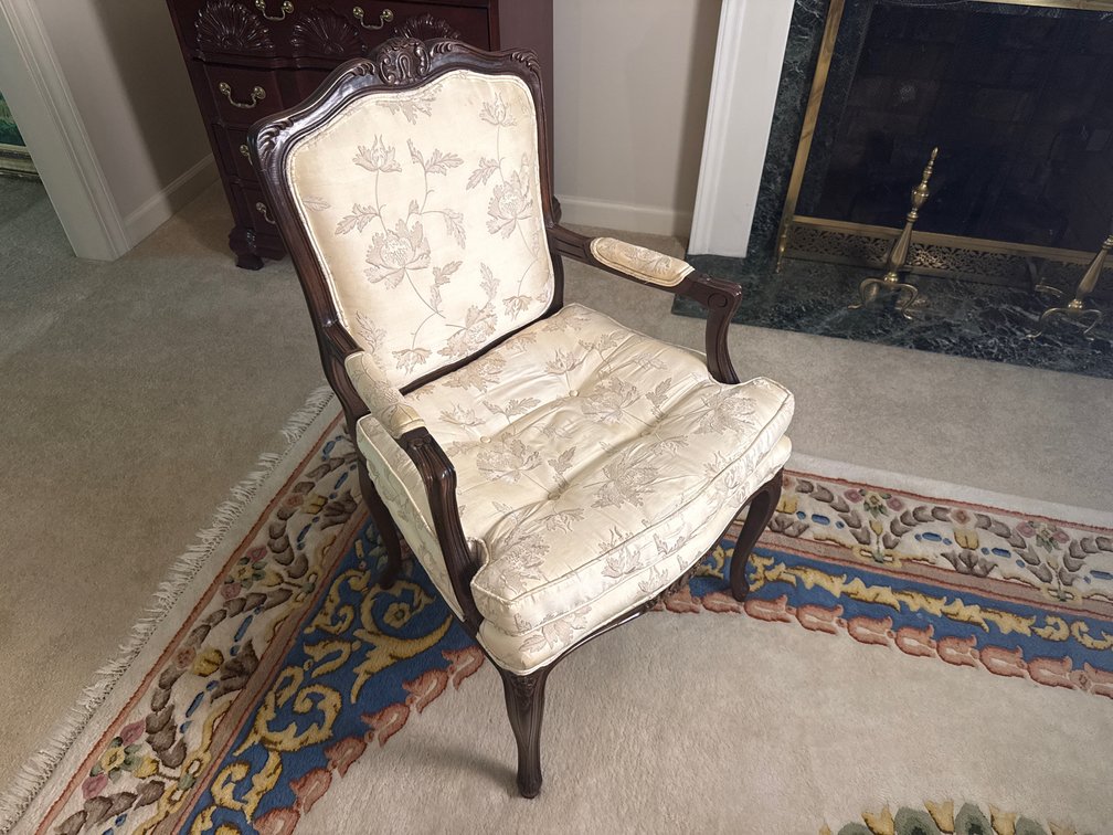 Carved Wood Armchair with Floral Damask Upholstery