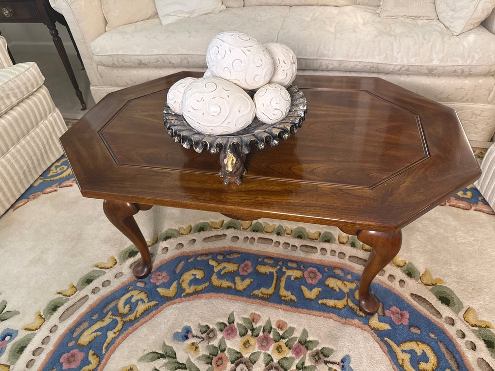 Wood Coffee Table and Footed Centerpiece Bowl with Orbs