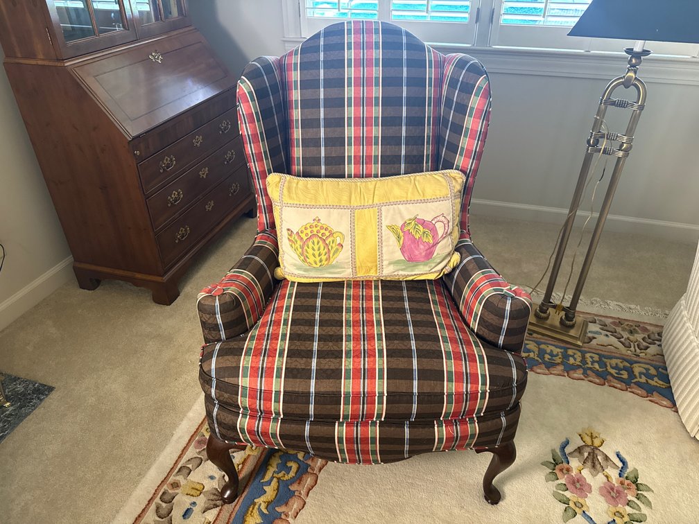 Plaid Upholstered Wingback Armchair with Accent Pillow