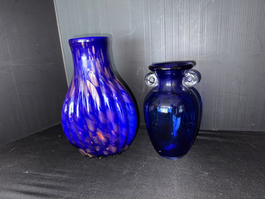 Cobalt Blue Glass Vases and Miniature Handled Jugs