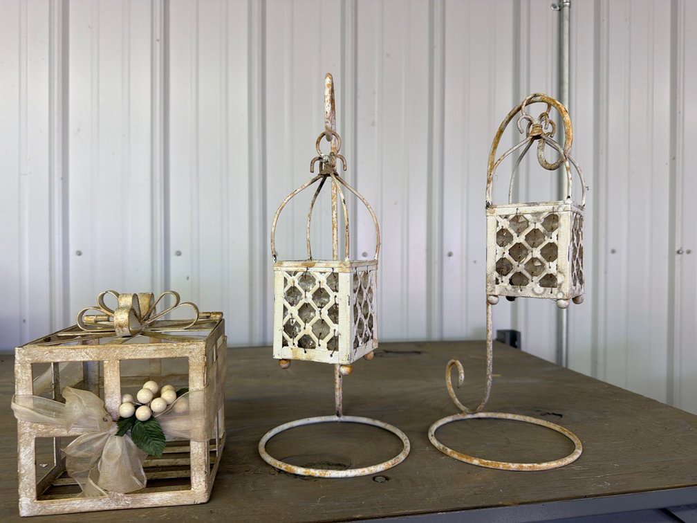 Distressed Metal Hanging Lanterns and Decorative Gift Box