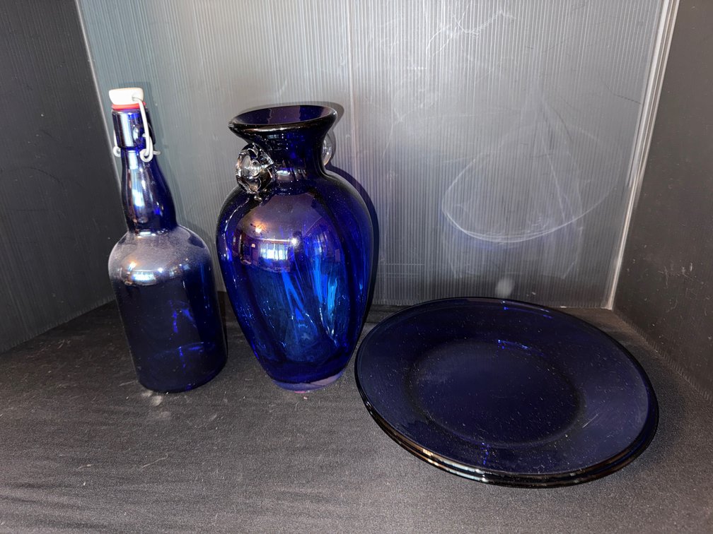 Cobalt Blue Glass Swing-Top Bottle, Vase, and Plates