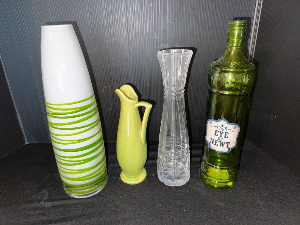 Glass Vases, Glazed Ceramic Pitcher, and Decorative Bottle