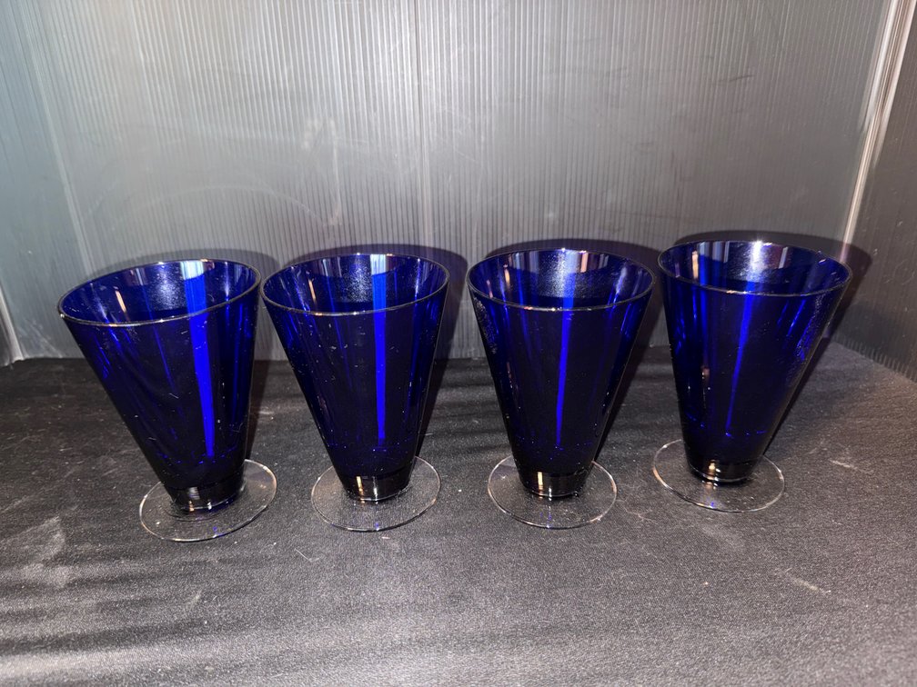 Cobalt Blue Glass Tumblers with Woven Basket