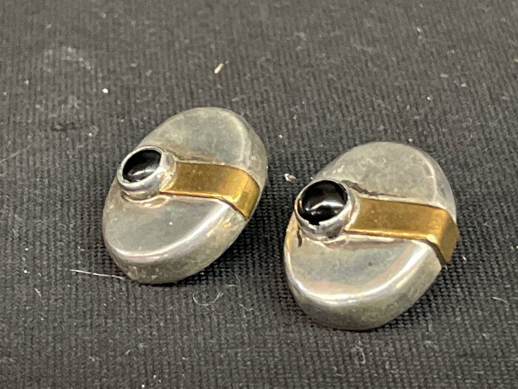 Sterling Silver Two-Tone Black Cabochon Clip-On Earrings