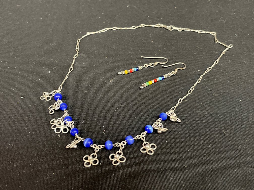 Silver-Tone Beaded Necklace and Dangle Earrings