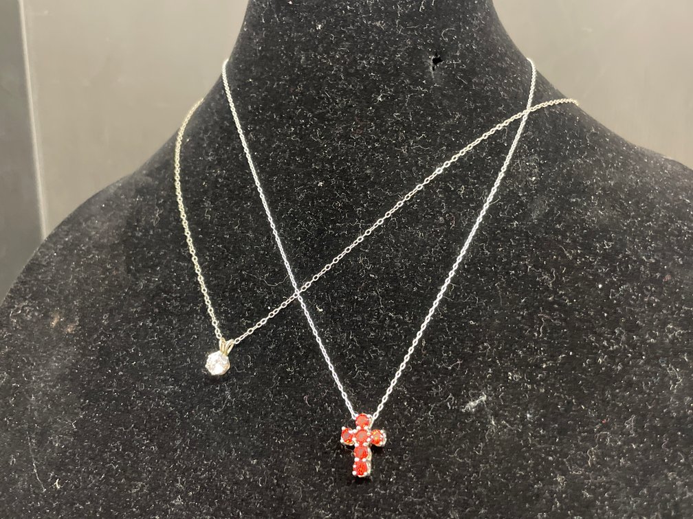 Two Sterling Silver Solitaire and Cross Pendant Necklaces