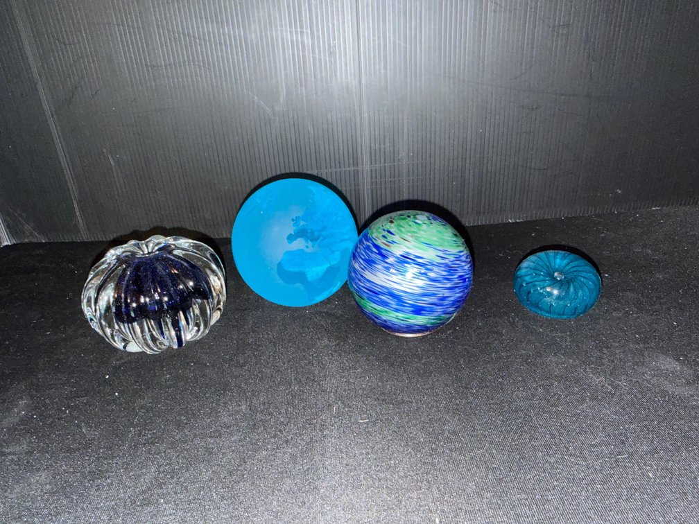 Four Art Glass Sphere and Ribbed Paperweights