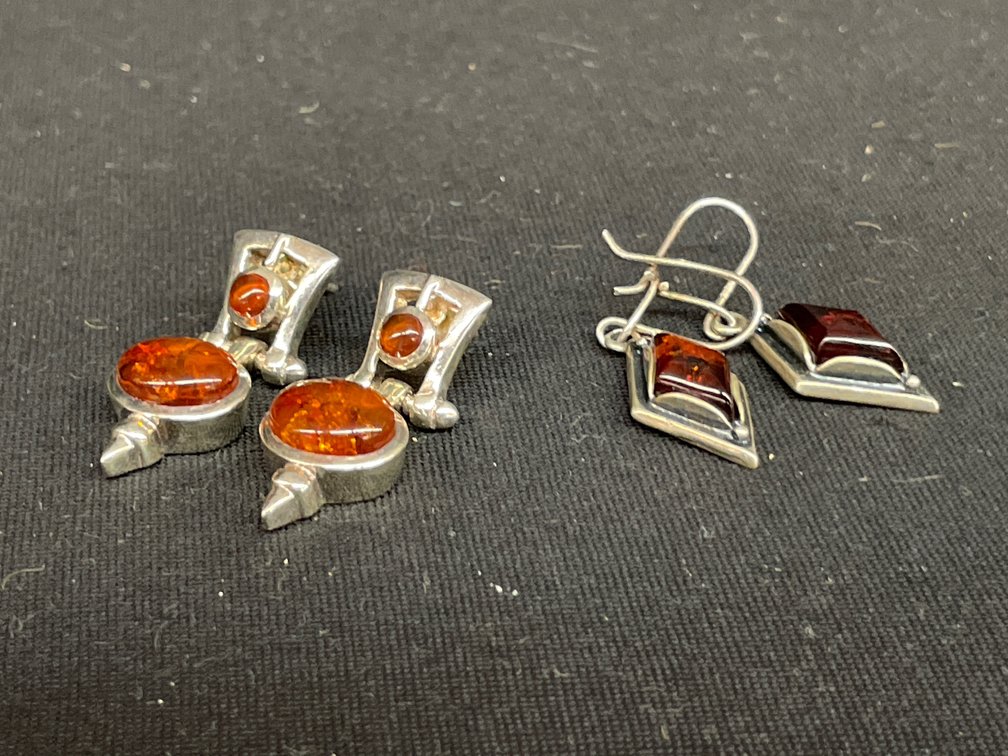 Two Pairs of Silver-Tone Amber Drop Earrings
