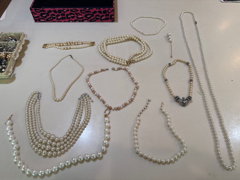 Imitation Pearl Necklaces, Bracelet, and Stick Pin
