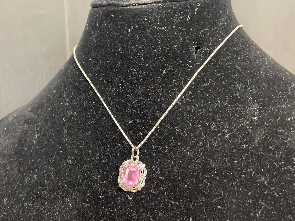 Sterling Silver Box Chain Necklace with Pink Stone Pendant