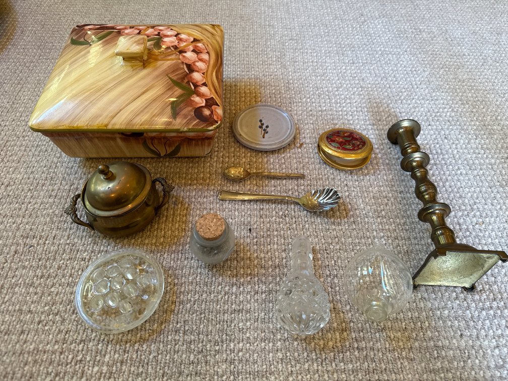 Ceramic Covered Dish, Brass Candlestick, Glassware, and More