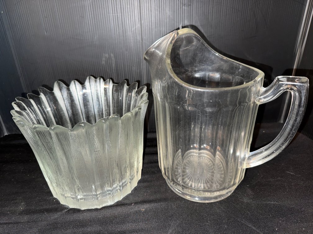 Clear Pressed Glass Ice Lip Pitcher and Fluted Bowl