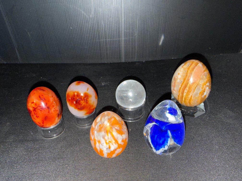 Polished Stone and Art Glass Eggs and Quartz Sphere