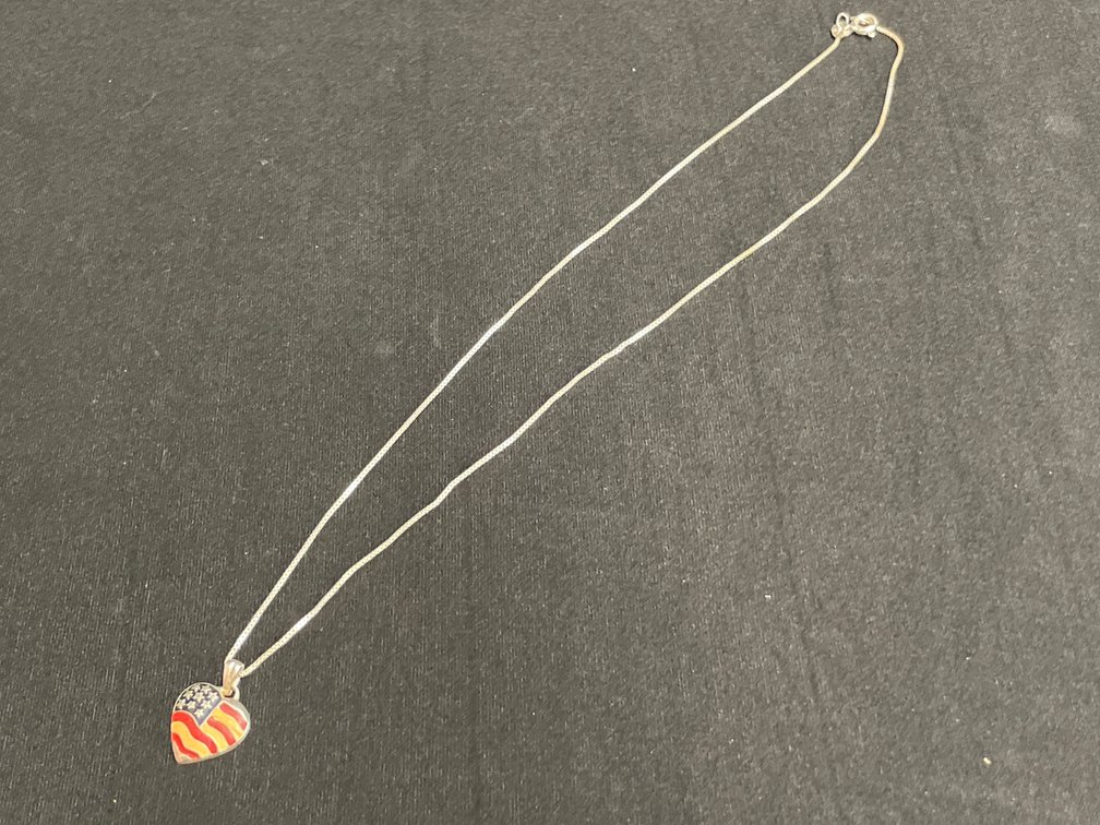Sterling Silver American Flag Heart Pendant Necklace