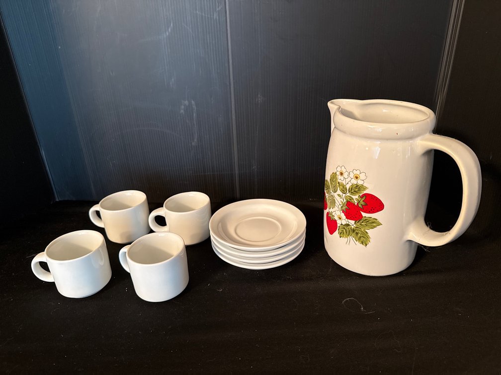 McCoy Pitcher and Pier One Demitasse Cups & Saucers