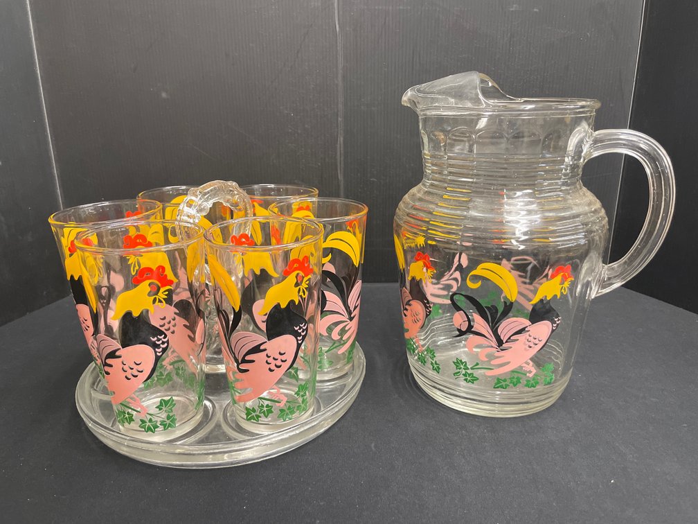 Glass Rooster Motif Beverage Set with Pitcher and Tumblers